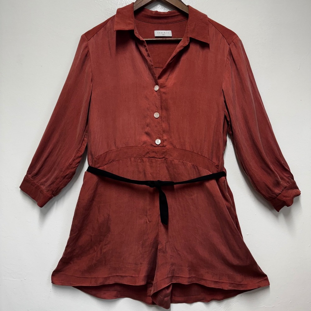 Sandro Paris Rust Red Romper Waist 34 Luxury Travel Comfy COzy Fall Neutral